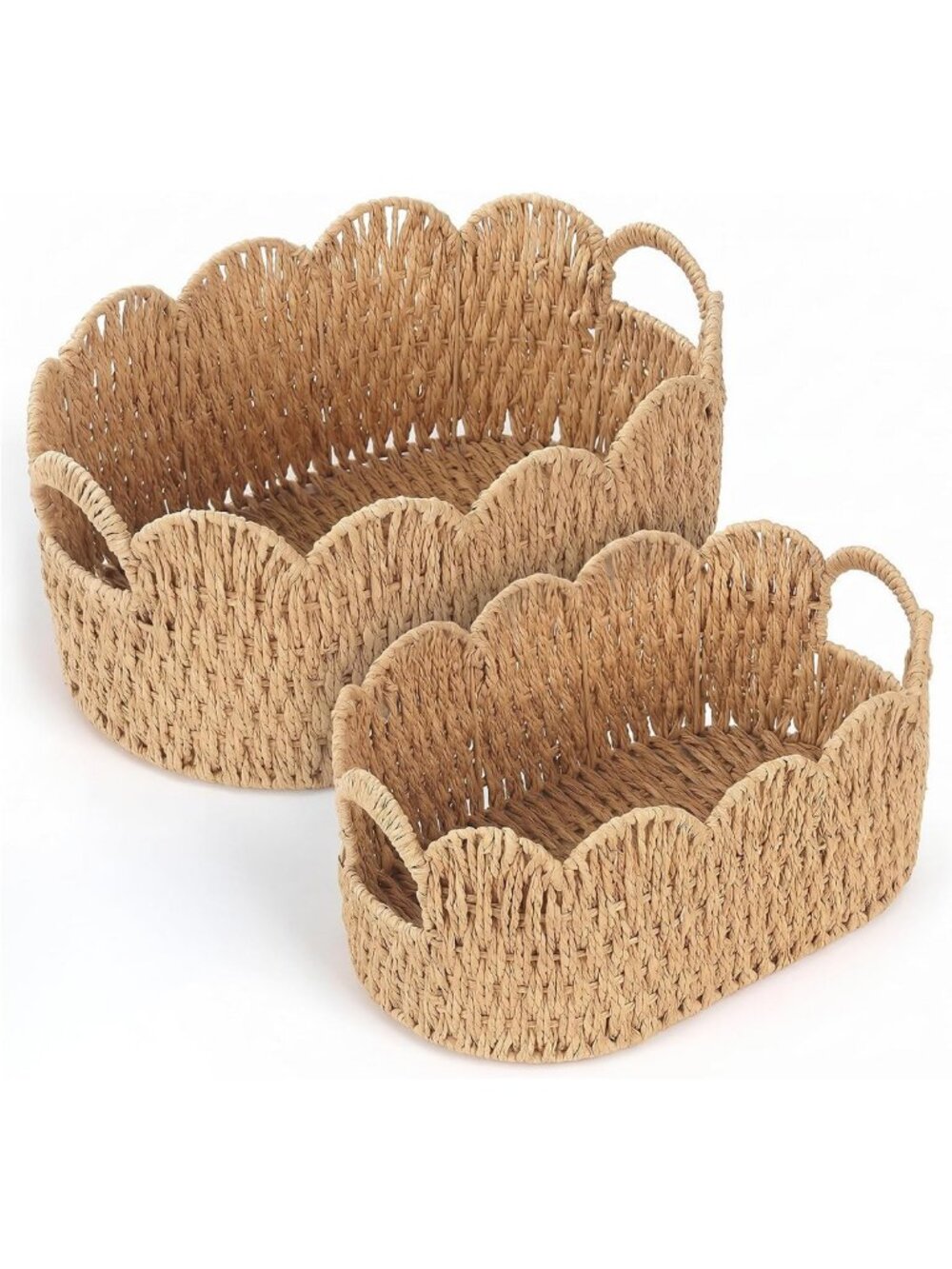 Set of 2 Scalloped Wicker Storage Baskets - Stylish Paper Rope Organizers